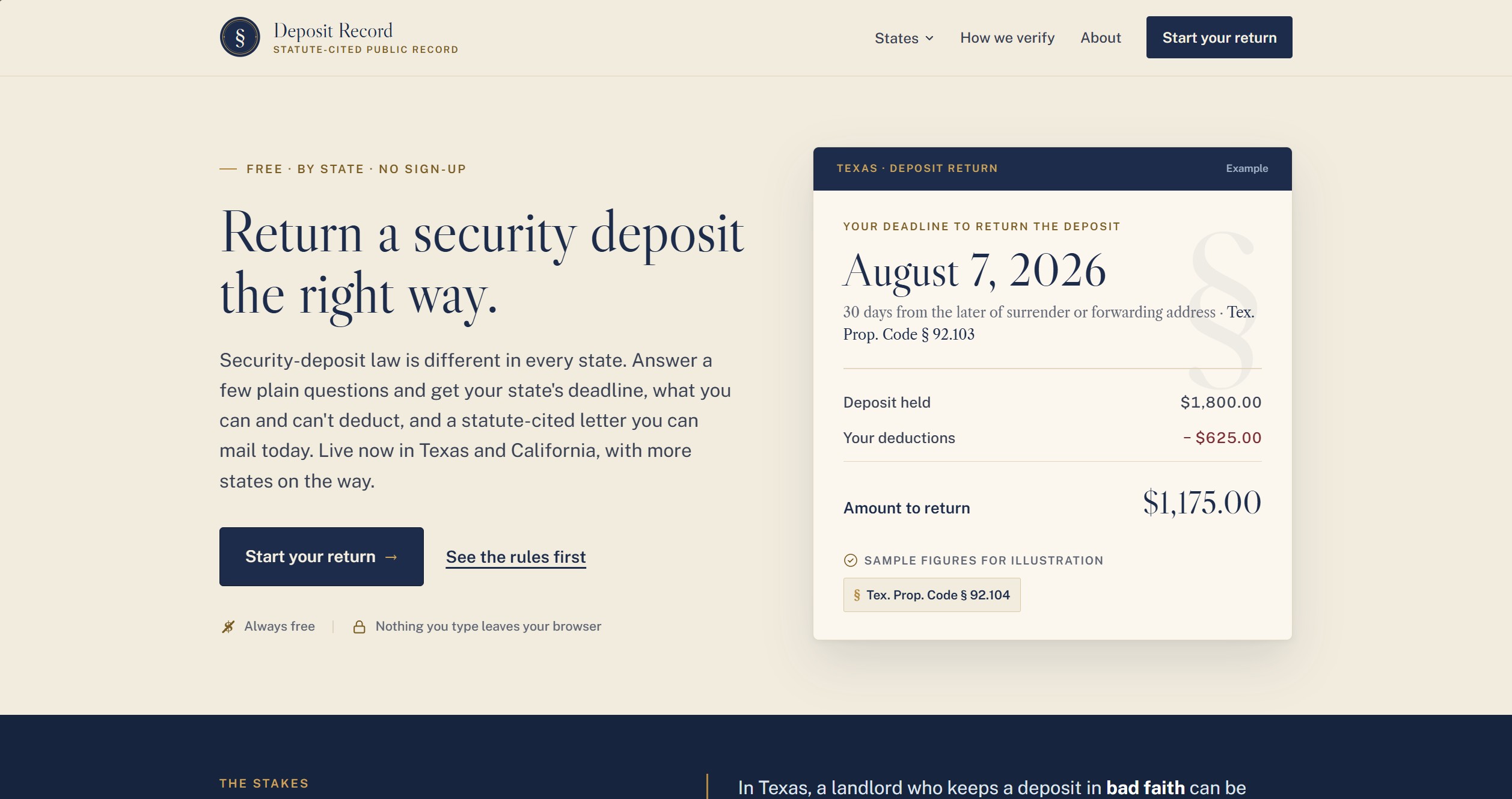 Deposit Record landing page with an example Texas deposit return, computed deadline, and statute citation