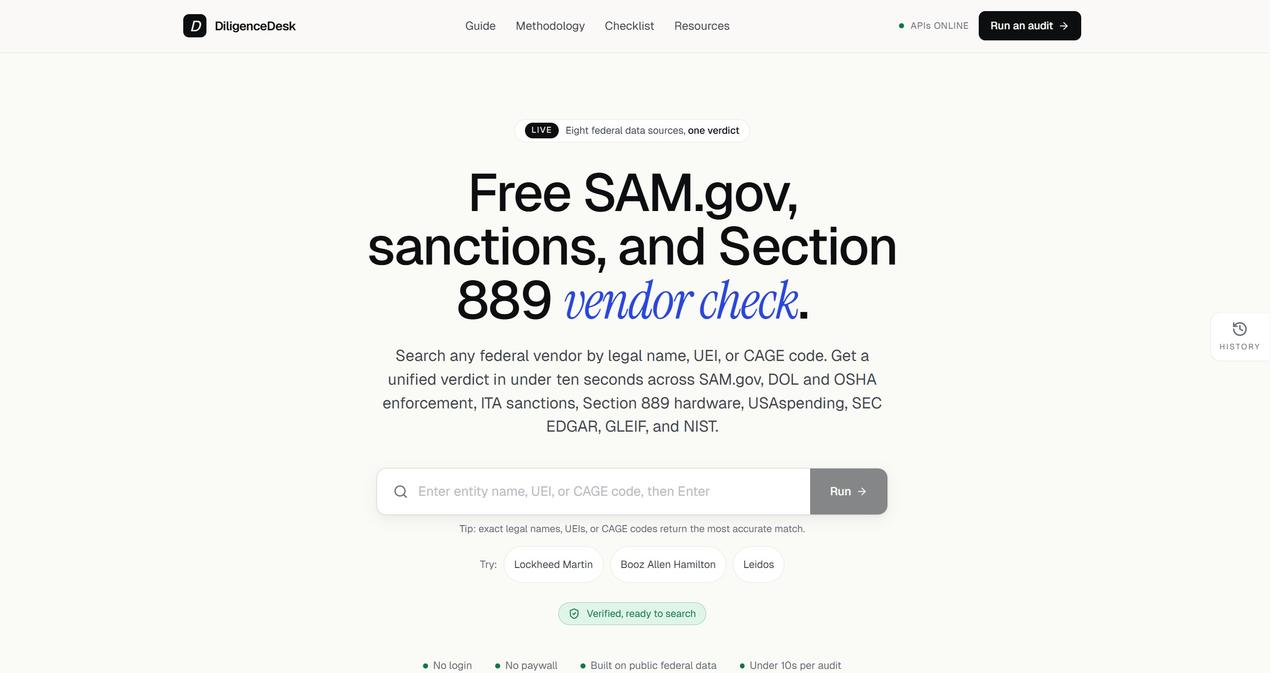DiligenceDesk federal contractor screening interface