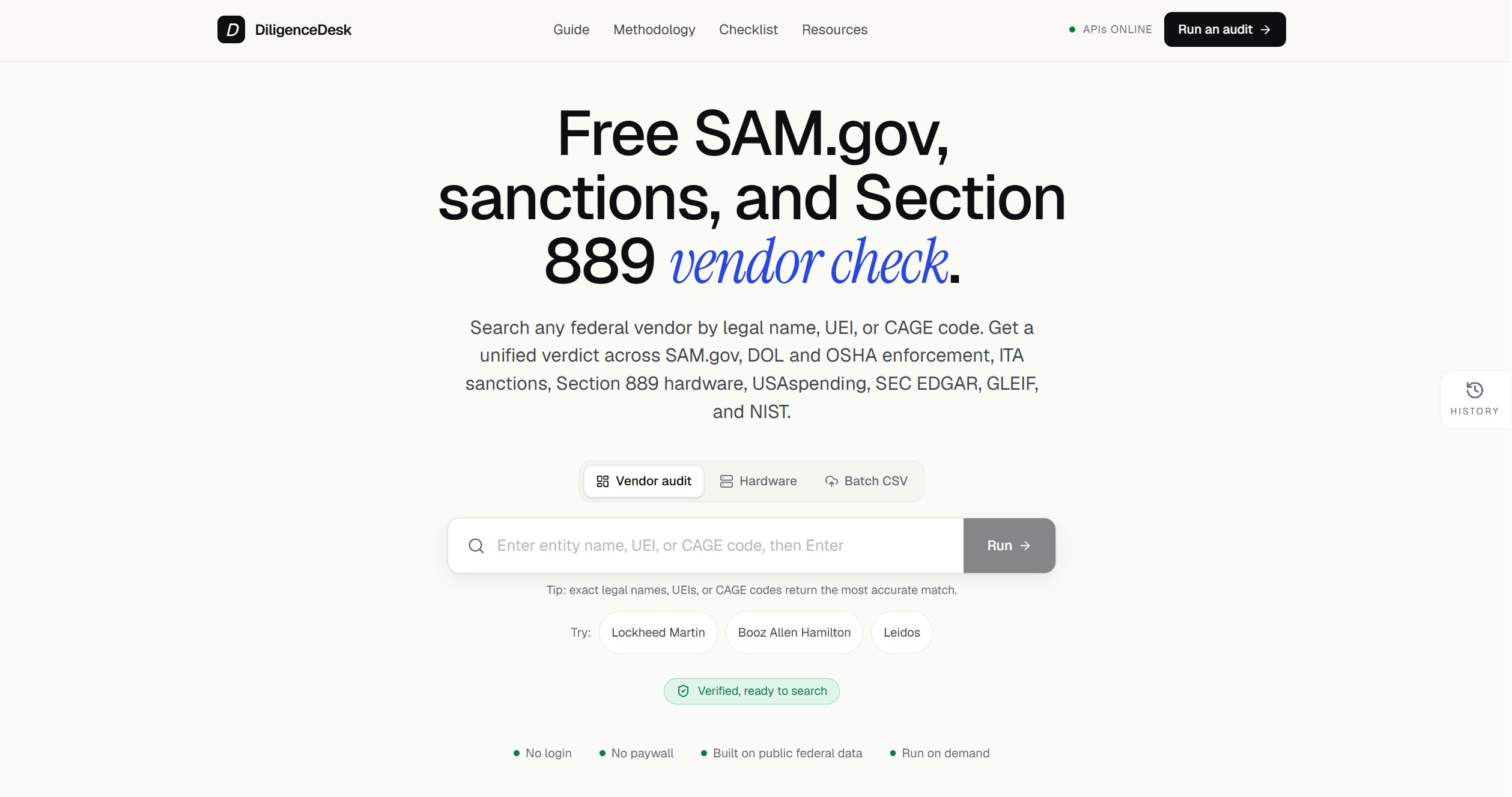 DiligenceDesk landing page with the free SAM.gov, sanctions, and Section 889 vendor check search