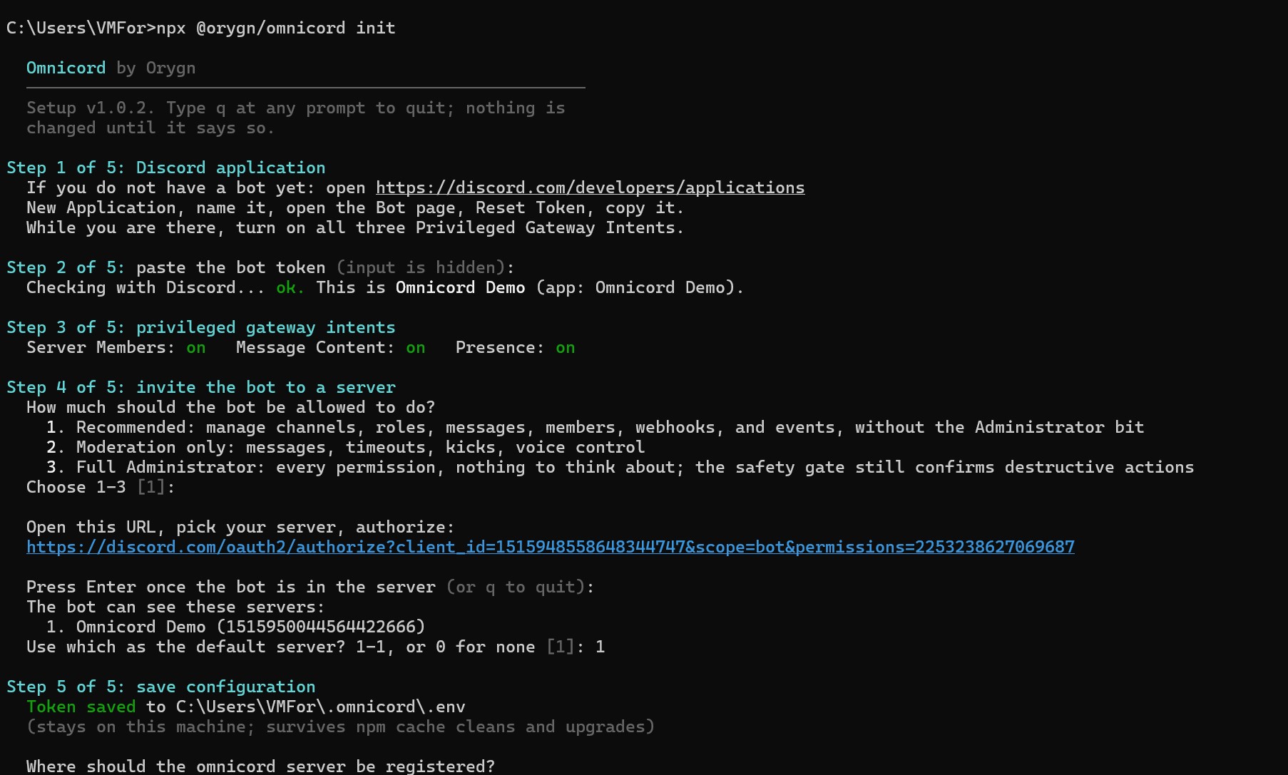 Omnicord setup wizard validating a Discord bot live in the terminal