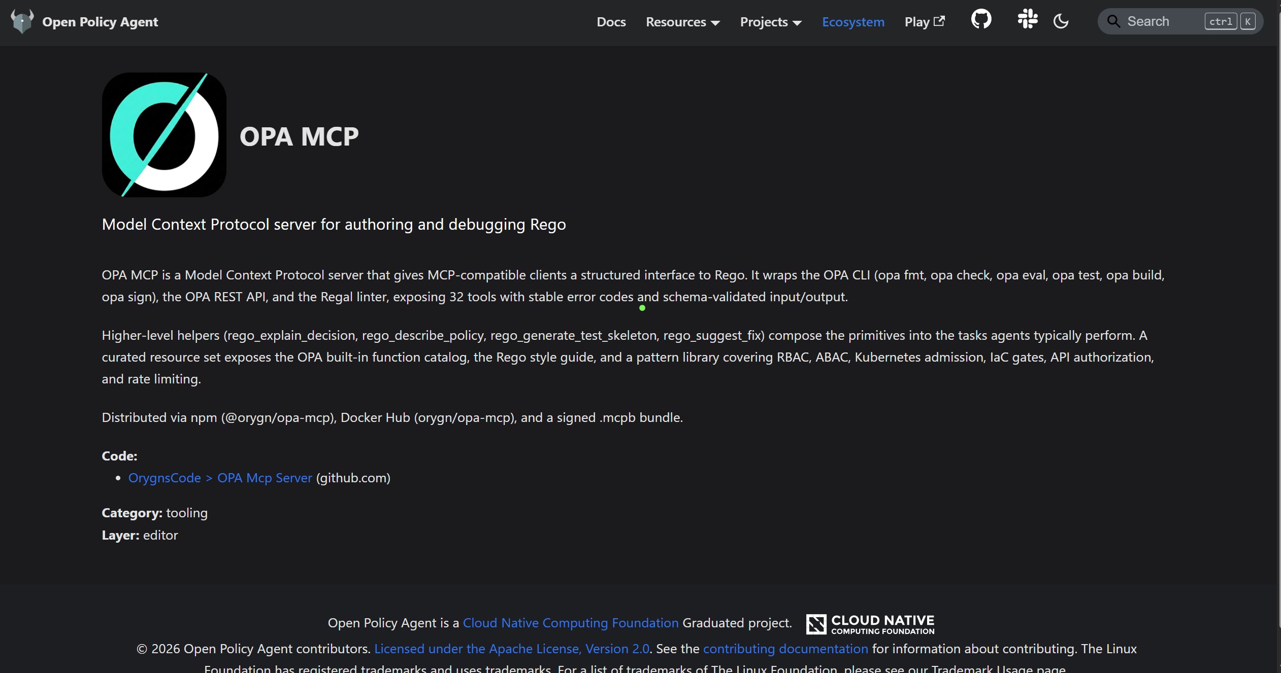 OPA MCP listed in the Open Policy Agent ecosystem registry