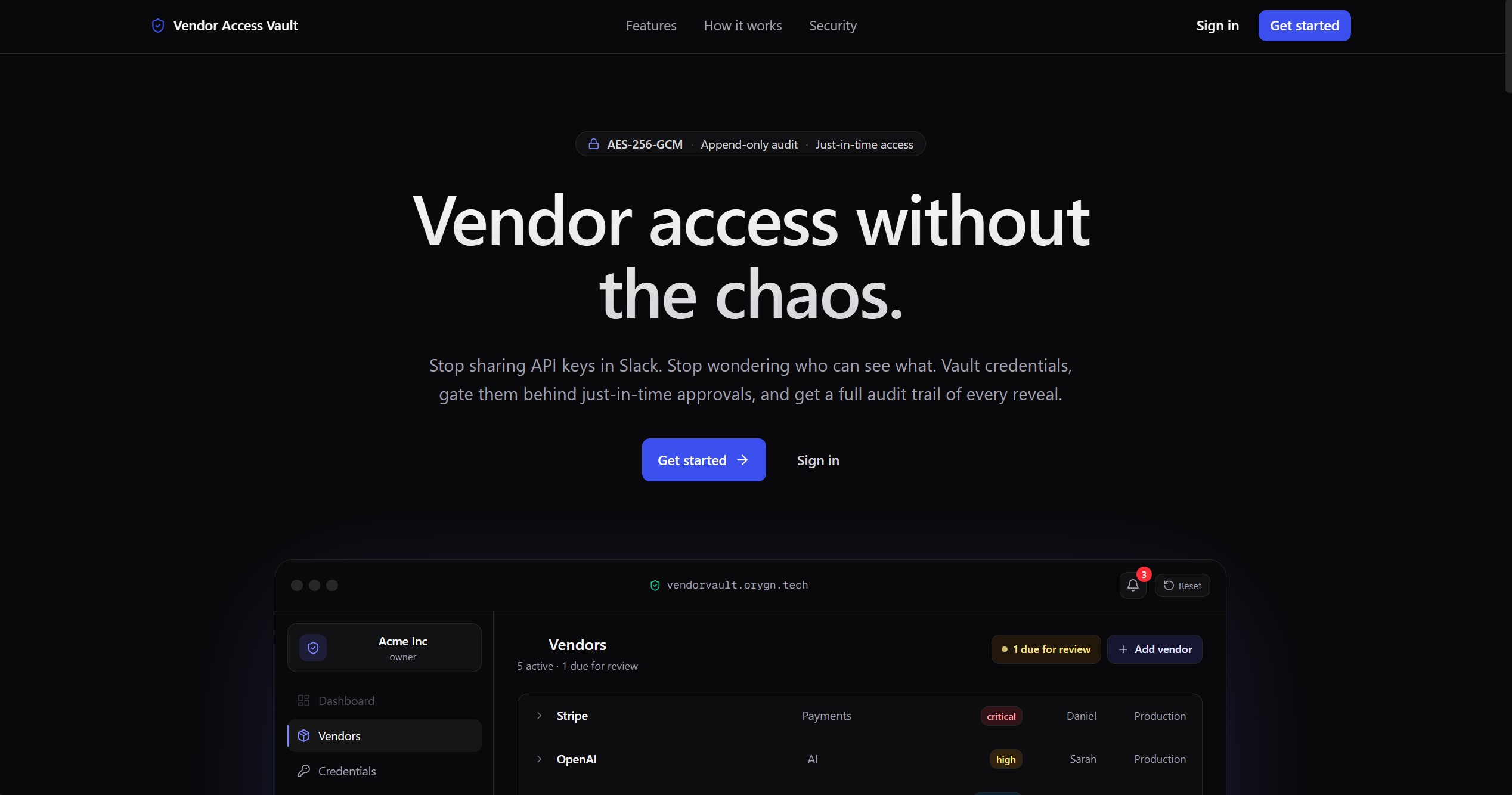 Vendor Access Vault landing page with vendor directory and risk metadata